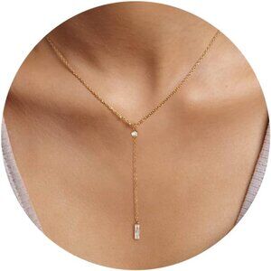 Women 14k Gold Plated Heart Pearl CZ Y Pendant Necklace Simple Gold Drop